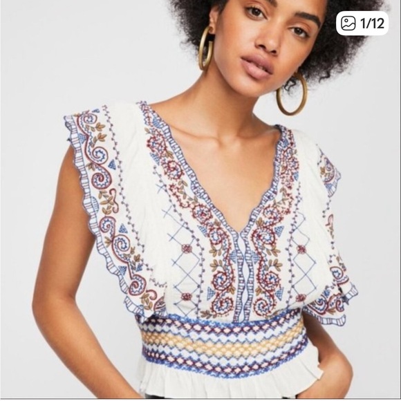 Free People New Holland Park Embroidered White and Blue Top - Picture 6 of 7